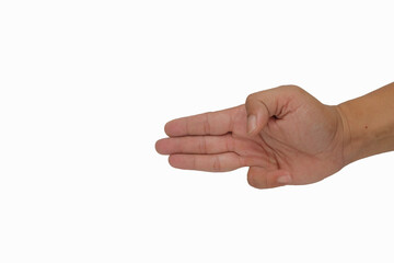 Close up of a three finger hand gesture isolated on a white background. Copy space for text. For graphic design and banners