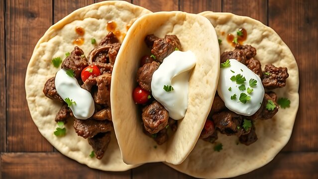 flatbread. Ground lamb flatbreads with yogurt on rustic wooden table, top-down view. menu design, packaging mockups, designed for culinary blogs and recipe cards for restaurants.