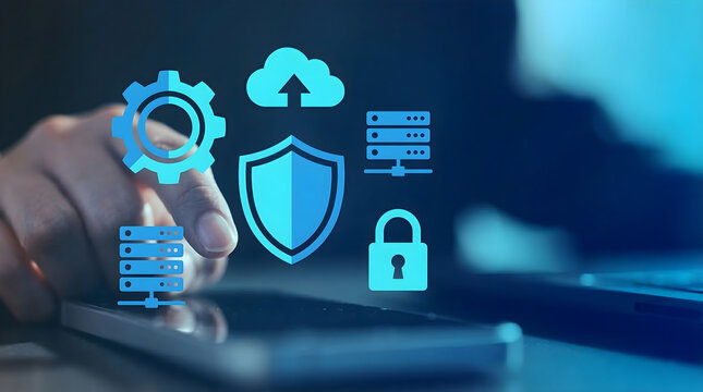 Cloud infrastructure maintenance. Managing secure server configurations and system settings. Person utilizing mobile device for technical network administration.