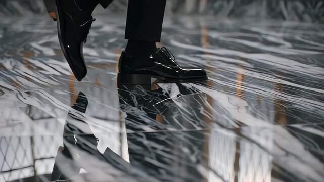 Close up Low Angle of Polished Black Leather Shoes Walking on a Reflective Floor