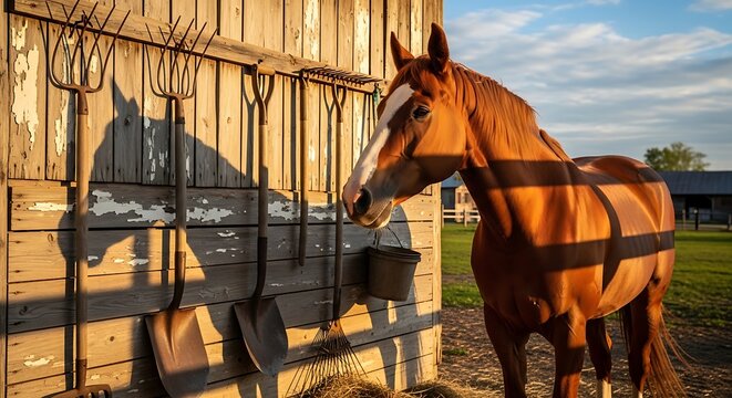 A horse eats from a feeding trough next to a wooden barn in a green field under a cloudy sky with hay and tools.