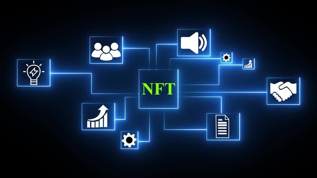 NFT cloud network connecting business handshake communication growth technology hacker and team icons digital concept neon glow on black background.4k video.