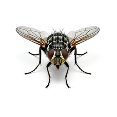Macro photograph of a common housefly on a white background.