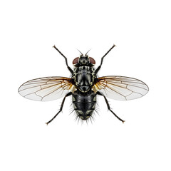 Obraz premium Macro shot of a common housefly with wings spread wide.