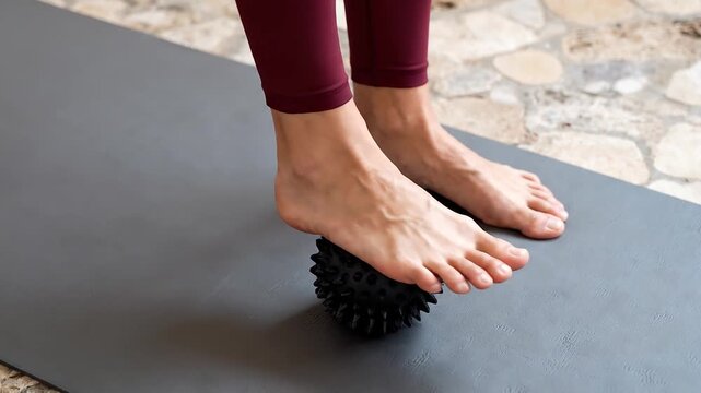 Close-up of feet massaging sole with a black spiky ball on a yoga mat, myofascial release and foot care concept.