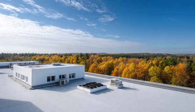 Modern commercial flat roof with air conditioning units and cooling systems overlooking a colorful autumn forest