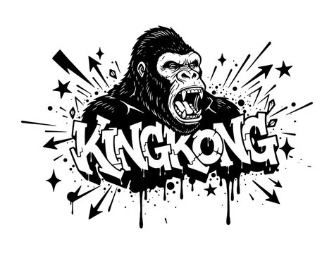 Strong gorilla king kong head with urban graffiti style typography illustration