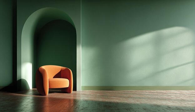 Modern green room with smooth, matte painted walls featuring an arched alcove and a vibrant orange upholstered armchair with curved design