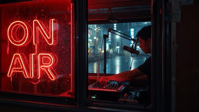 雨の渋谷で移動ブースのON AIRが光り日本人DJが路上から生放送