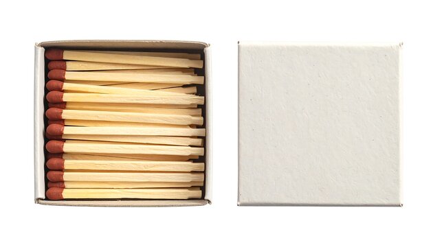 A close-up studio shot shows a matchbox open with a full load of matches and its empty counterpart