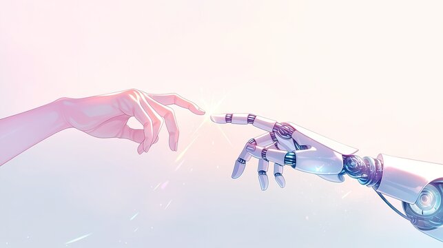 Human and robotic hands reach out to touch fingertips against a soft, gradient background, with light emanating from the point of contact, symbolizing connection and cooperation.