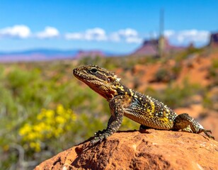 Obraz premium A close-up view of a lizard perched atop a red rock, with desert vegetation in the background under a blue sky