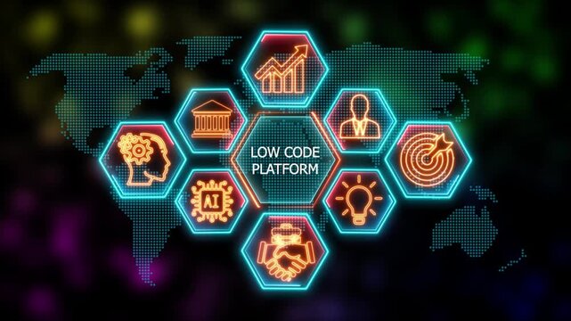 Glowing Neon low code platform concept animation. Business, Technology, Internet and network concept. Financial success concept on virtual screen. 4k