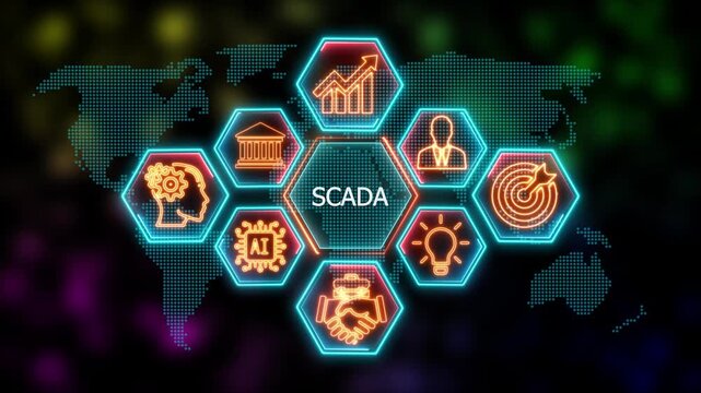 Glowing Neon Scada concept animation. Business, Technology, Internet and network concept. Financial success concept on virtual screen. 4k