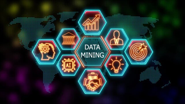 Glowing Neon data mining concept animation. Business, Technology, Internet and network concept. Financial success concept on virtual screen. 4k