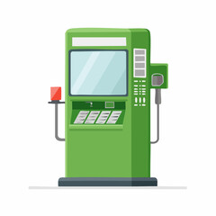 Illustration of a green gas pump with a large screen and digital keypad, flat design.