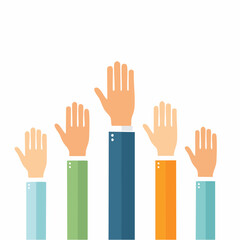 Obraz premium Hands raised, stylized illustration of different colored sleeves and arms in flat design.