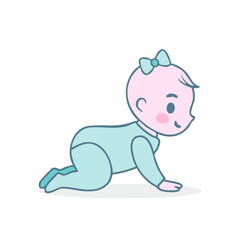 Obraz premium Cartoon illustration of a baby girl crawling in a cute blue outfit