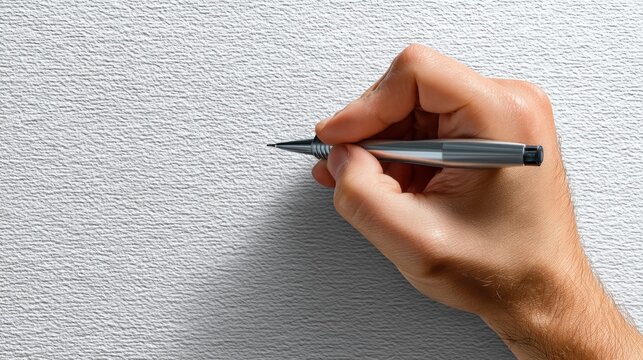 Hand Holding Pencil, Ready to Write on Textured White Background, Writing