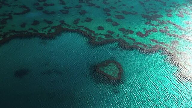 Great Barrier Reef Heart Reef Hardy Reef lagoon scenic flight aerial drone Whitsundays Islands Australia QLD National Park sunny serene coral formation clear blue Turquoise ocean waters pan zoom out