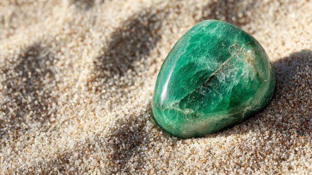 Smooth polished emerald green gemstone resting on sand