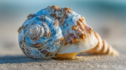 Detailed spiral seashell rests on sandy beach in soft light