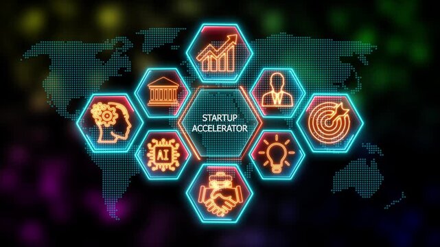 Glowing Neon startup accelerator concept animation. Business, Technology, Internet and network concept. Financial success concept on virtual screen. 4k