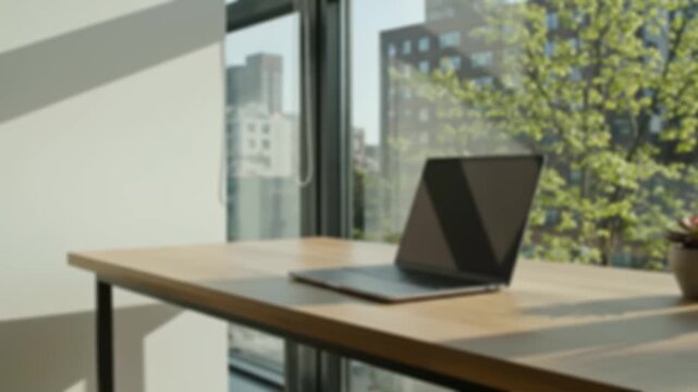 Modern laptop on a clean wooden desk with a bright city view through the window for remote work concept and minimalist productivity, blurred.