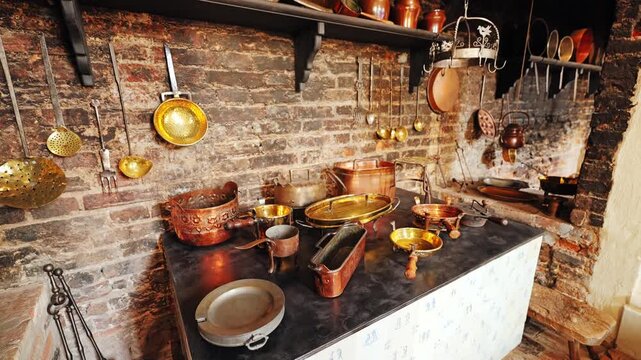 Slow tilt revealing antique copper cookware in baroque era kitchen hearth