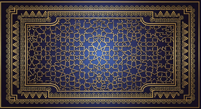 Luxurious Golden Geometric Islamic Pattern Design with Ornate Frame on Deep Blue Background for Elegant Decor and Invitations, Featuring Traditional Arabesque Motifs