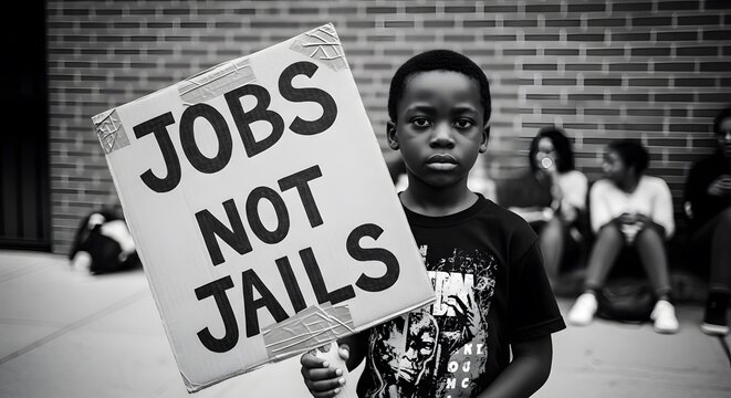A young Black boy holds a "JOBS NOT JAILS" sign, advocating for social justice and economic opportunity.