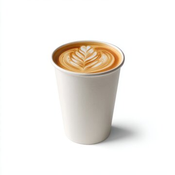 Photograph of an empty white paper cup with a smooth matte texture and a subtle sheen, featuring a slightly tapered cylindrical shape with rounded rim, against a plain white