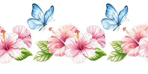 Fototapeta premium Seamless hibiscus border with blue butterfly watercolor clipart isolated