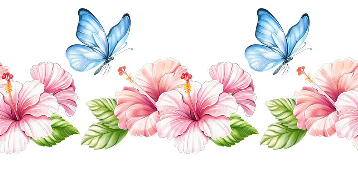 Seamless hibiscus border with blue butterfly watercolor clipart isolated