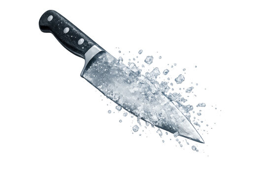 Chef knife blade frozen shattering ice transparent background