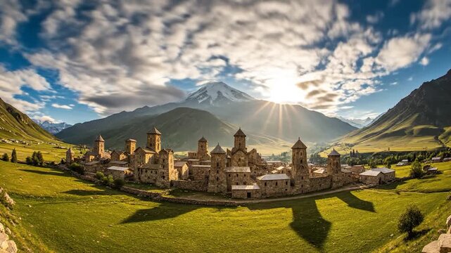 Ancient stone structures nestled in a valley with a majestic mountain backdrop