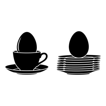 Eggs balanced on a cup and a stack of plates in a surreal illustration Vector, illustration