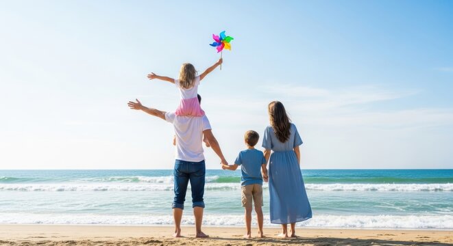 Family at beach with son on dad's shoulders, holding pinwheel under blue sky