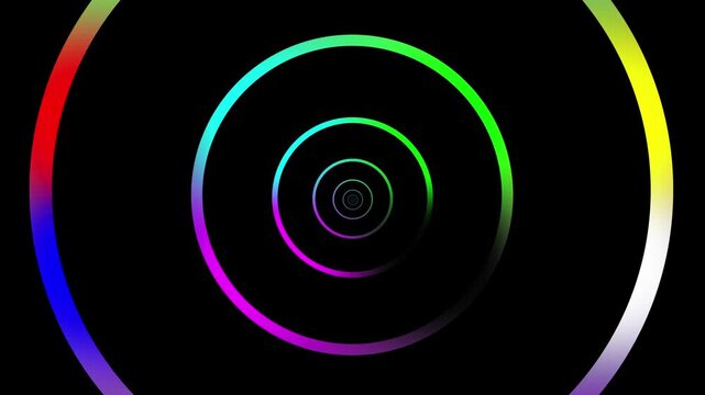 Rainbow Gradient Swirling Tunnel of Concentric Circles on Black Background color
