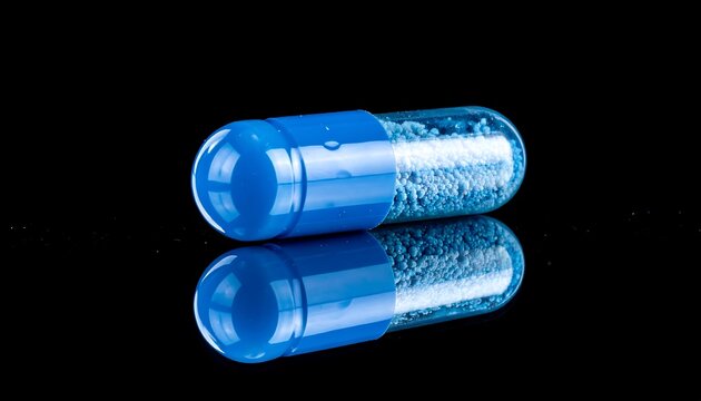 A close-up studio shot shows a translucent capsule with blue ends, filled with pale powder, resting on a reflective surface