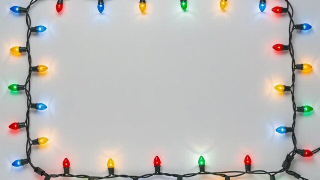 Colorful Christmas string lights frame on white background festive holiday decoration