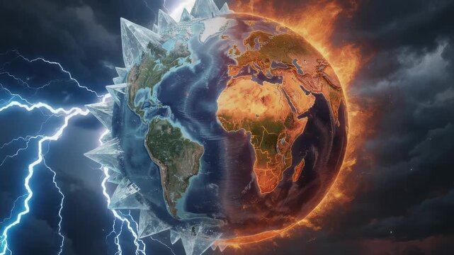 Earth divided between fire and ice with lightning storm representing climate change and global warming crisis
