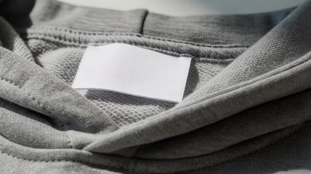 Close up of blank white clothing label on soft gray fabric hoodie texture for branding and fashion