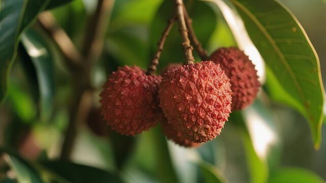 Close up of ripe red lychee fruits hanging on tree branch with green leaves in natural light