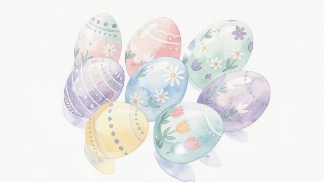 Colorful hand painted Easter eggs with floral patterns in pastel watercolor style