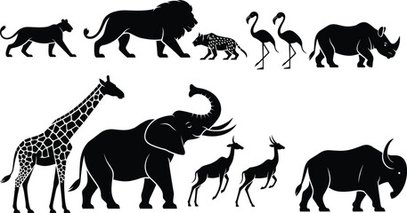African wildlife animal silhouette set including lion elephant giraffe rhino flamingo antelope and buffalo safari vector illustration collection © PROTAP