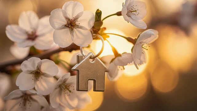 Close up of house keychain hanging on blooming cherry blossom branch with warm sunset background