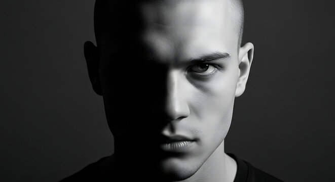 Dramatic black and white portrait of a serious young man with a shaved head, half his face in deep shadow.