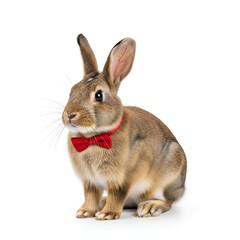 Fototapeta premium Cute brown rabbit wearing a red bow tie on a white background.