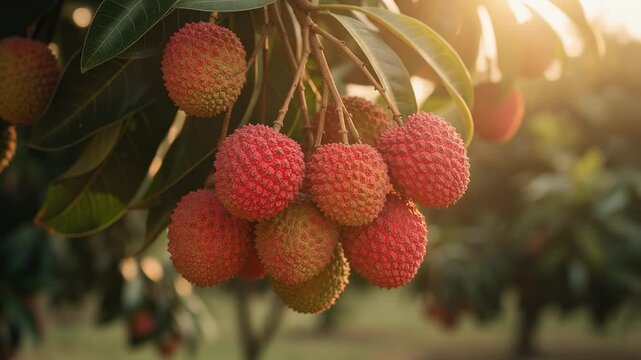 Close up of ripe lychee fruit hanging on tree branch with green leaves in natural garden setting
